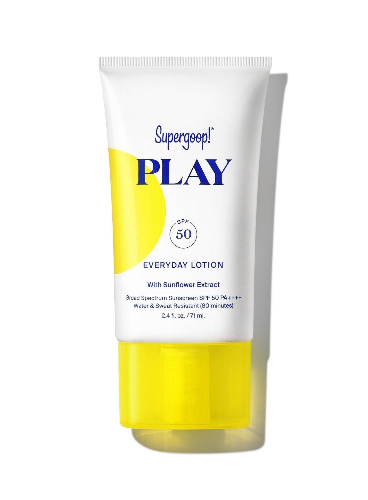 A 2.4 oz tube of Supergoop Play Everyday Lotion with Sunflower Extract SPF 50, shown upright in a white and yellow design.