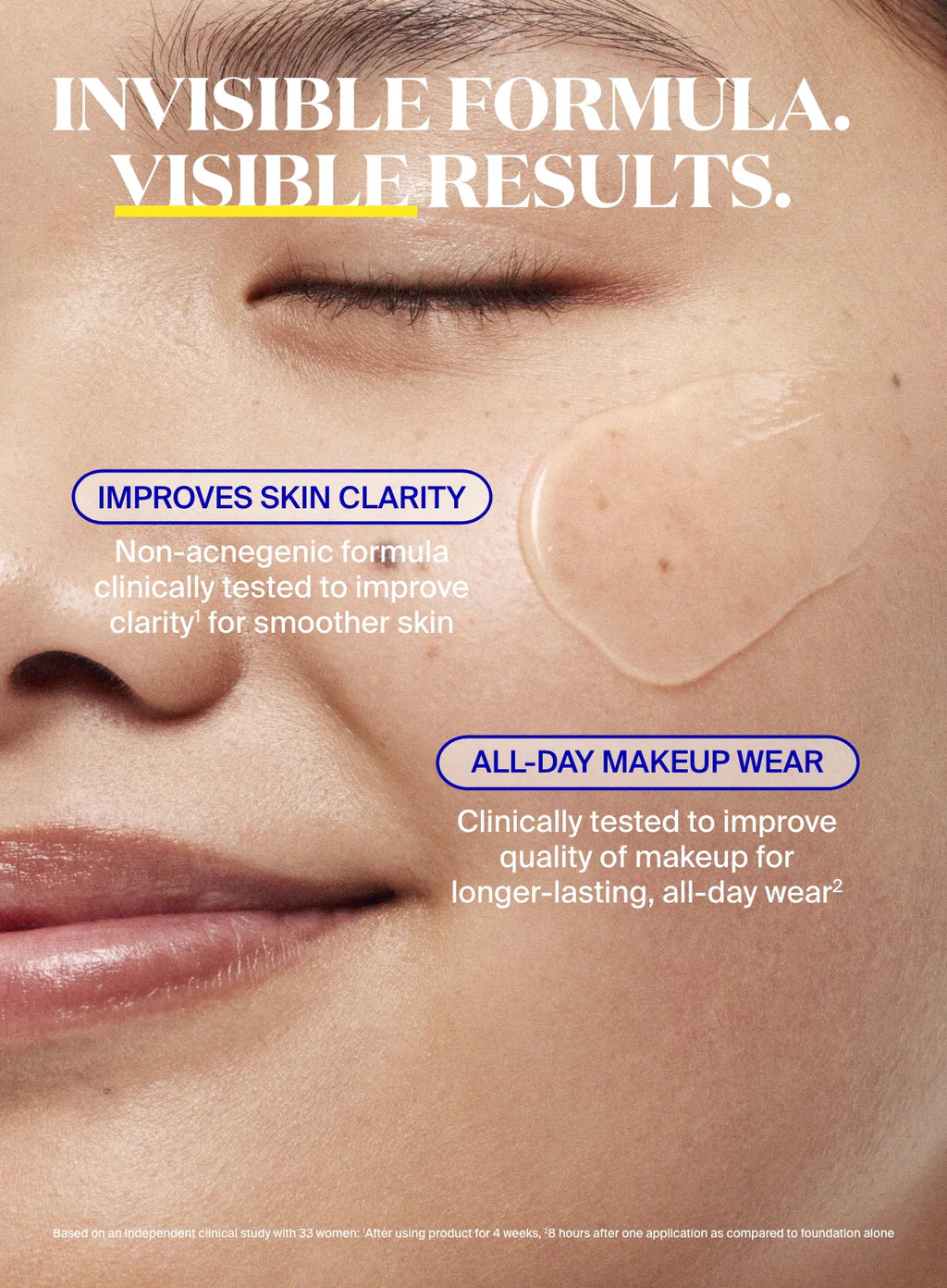 Close-up of a smiling person's cheek with a swatch of clear product. Text highlights how Supergoop Unseen Sunscreen SPF 40 improves skin clarity and keeps makeup looking fresh all day as an invisible sunscreen and primer.