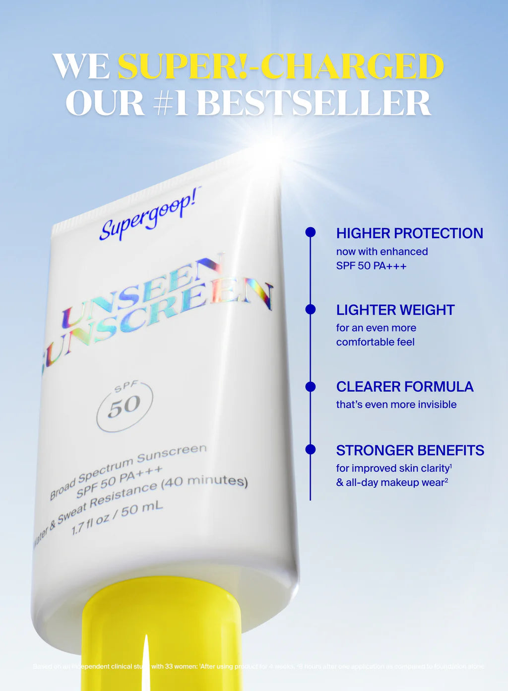 A tube of Supergoop Unseen Sunscreen SPF 40, a weightless sunscreen and makeup primer, stands upright against a blue background with bold product features listed on the right.
