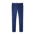 The Peter Millar Surge Performance Trouser is a pair of blue stretch pants with a button and zip closure, belt loops, front pockets, and crafted from performance fabric for comfort, shown against a white background.
