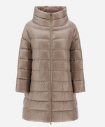 The Matilde Coat by Herno is a taupe, knee-length down jacket with goose down filling, high collar, horizontal quilting, three-quarter sleeves, and a front zipper closure.
