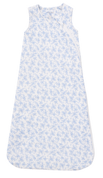 Angel Dear's Baby Sleep Bag features a sleeveless design, blue floral print on white, breathable fabric, diagonal zipper, and rounded bottom edges.