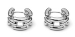 Two identical Johanna Earrings by Lie Studio, featuring silver metal with circular open designs and curved segments, are displayed side by side on a white background—an elegant creol ideal for everyday wear.