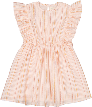 The Girls' Asia Dress by Louis Louise is a pink and white cotton crepe dress featuring stripes, ruffled sleeves, and a gathered waist, displayed on a plain background.