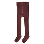 Rylee & Cru Baby Girls' and Girls' Ribbed Tights in brown, made from soft knit fabric with an elastic waistband and feet, are shown laid flat on a white background.