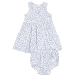 The Angel Dear Baby Girls' and Girls' Ribbed Modal Tank Dress & Bloomer in a blue and white floral pattern is shown laid flat on a white background. This cute set is available in toddler sizes.