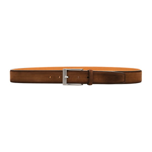 The Magnanni Telante Belt, a men's brown suede accessory with a classic square buckle, is displayed horizontally on a white background.