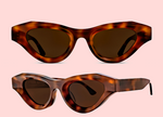 Two pairs of Jaya Sunglasses by Thierry Lasry, featuring brown tortoiseshell cat-eye frames and dark lenses, are displayed against a light pink background.