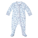 Joy Street’s Baby Boys' Boats Zip Onesie features hand-drawn blue and white sailboats, long sleeves, striped cuffs and trim, footed design, and a convenient front zipper.