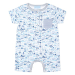 The Joy Street Baby Boys' Boats Shortie Romper features a blue boats print, striped chest pocket, short sleeves, and bottom snaps for easy diaper changes—perfect for summer.