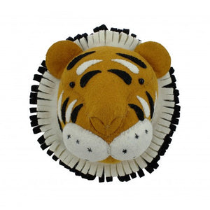 The Fiona Walker Tiger Head Wall Decoration - Mini, featuring a yellow face with black and white stripes and a fringed mane, is a charming safari-themed addition to your child's room.