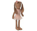 Maileg MAIL Bunny size 1 in Chocolate Brown, wearing a Ballet Suit and Skirt Rose, stands upright against a plain white background.