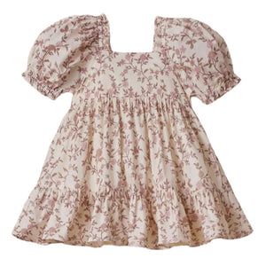 The Girls' Louella Dress by Noralee is a cream-colored vintage dress with short puff sleeves, a floral pattern, a square neckline, and a ruffled hem.