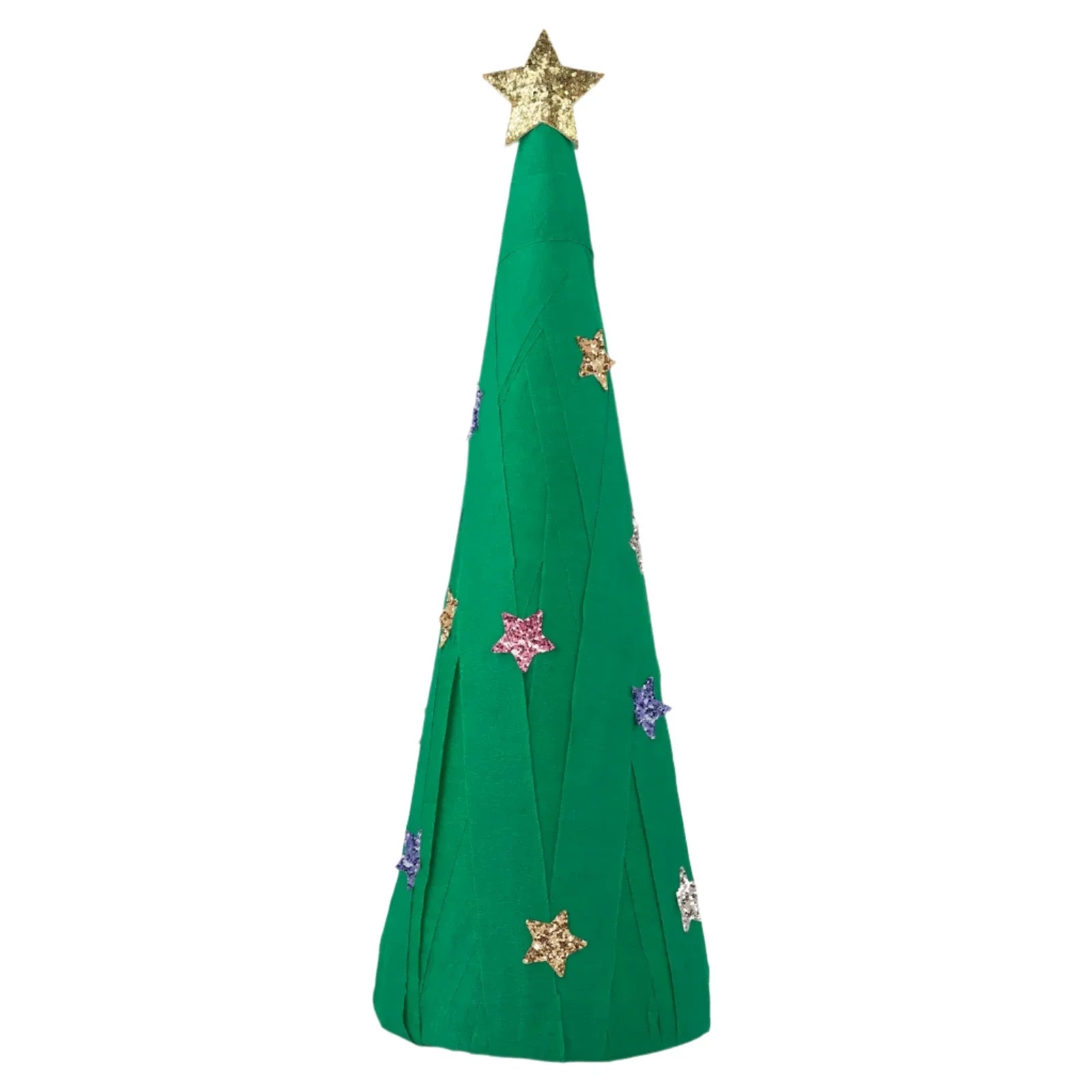 The Meri Meri Surprise Christmas Tree features a cone shape and green color, decorated with multicolored glitter stars and topped with a gold star. Ideal for festive gifting, it’s set against a white background.