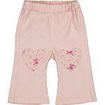 Louis Louise Baby Girls' Holly Corduroy Trousers: light pink flared jeans for children, featuring an elastic waistband and two heart-shaped floral knee patches.