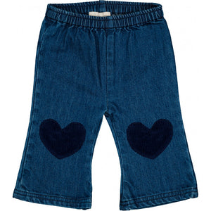 Louis Louise Baby Girls' and Girls' Holly Denim Trousers feature an elastic waistband and two dark heart-shaped knee patches.