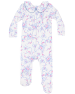 The Angel Dear Baby Girls' Smocked Peter Pan Snap Footie features long sleeves, footed legs, a white base with pink and blue floral print, and an elegant Peter Pan collar for a charming look.