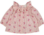 The Louis Louise Baby Girls' Lissou Cotton Veil Romantic Flower Tunic features long sleeves, pink floral print, a ruffled Peter Pan collar with lace trim, and back button closure.