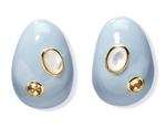 The Mini Arp Earrings by Lizzie Fortunato are delicate light blue, oval-shaped drops adorned with white pearls and yellow gemstones. Ideal for everyday elegance or a touch of sophistication in the boardroom.