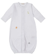 The Kissy Kissy Baby' Safari Wild Hand Emb. Convertible Gown features soft white Peruvian cotton, long sleeves, an elastic hem, and hand-embroidered giraffe, lion, and elephant safari animals on the front.