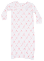 The Angel Dear Baby Girls' Kimono Gown features long sleeves, a white base with pink bow prints, and a ruffled neckline—an adorable and cozy sleepwear choice for babies.