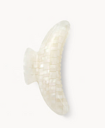The Machete Jumbo Heirloom Claw, a white iridescent checkered clip made from premium Italian acetate, is shown against a plain white background—perfect for securing thick hair.