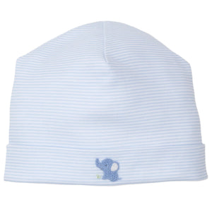 The Baby Striped Jungle Mates Hat by Kissy Kissy is a cozy beanie crafted from soft Pima cotton, featuring white and light blue stripes and a small embroidered blue elephant design, perfect for your baby.