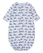 The Kissy Kissy Baby Boys' Rambling Railroad Printed Convertible Gown features soft Pima cotton, blue train and car print, long sleeves, snap closure, and an elasticized hem for comfort.