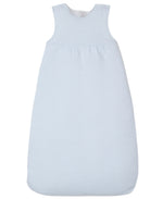The "Baby Forest Fun Striped Snuggle Bag" by Kissy Kissy is a light blue, sleeveless snuggle bag with subtle horizontal stripes made from soft Pima cotton and features shoulder button closures.