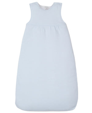 The "Baby Forest Fun Striped Snuggle Bag" by Kissy Kissy is a light blue, sleeveless snuggle bag with subtle horizontal stripes made from soft Pima cotton and features shoulder button closures.