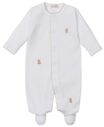 The Kissy Kissy Baby Teddy Bear Time Footie with Hand Emb. is a soft Pima cotton white onesie with long sleeves, feet, hand embroidery of teddy bears, and beige stitched edges.