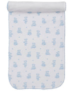 The Kissy Kissy Teddy Bear Time Burp Cloth is made of white Pima cotton, features small blue teddy bears and blue edging, and comes rolled at the top.