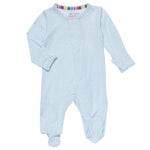The Pin Dot Modal Magnetic Parent Favorite Footie by Magnetic Me is a light blue infant onesie with subtle polka dots, full sleeves, covered feet, and a rainbow-striped collar. Made from eco-friendly TENCEL™ modal, it offers temperature-regulating features for comfort.