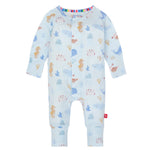 The Baby Modal Convertible Coverall by Magnetic Me is a light blue onesie made from eco-friendly TENCEL™ modal, with a colorful pattern of seahorses, whales, and sea plants. It features long sleeves and a convenient front snap closure.