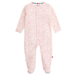 The Magnetic Me Baby' Heards of Feather Modal Footie features a light pink animal print, long sleeves, magnetic closures for easy changes, multicolored neckline trim, and is made from soft, sustainable modal fabric for extra comfort.