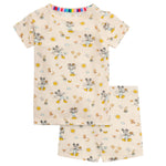 The Baby Boys and Boys' Mickey's Brunch Bunch Modal S/S Short PJ Set by Magnetic Me is a beige TENCEL™ modal pajama set adorned with cartoon characters, suns, clouds, and small images. It features neck stripes, short sleeves, and shorts for optimal sleep comfort.