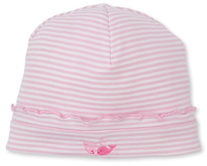 The Whale Wonder Striped Hat by Kissy Kissy features pink and white stripes, soft Pima cotton, a small embroidered bird, and a subtle ruffle near the brim.