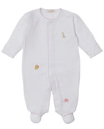 The Kissy Kissy Baby' Safari Wild Footie with Hand Emb. is a white Peruvian cotton onesie with long sleeves, footed legs, light pink edging, and delicate embroidered giraffe, lion, and elephant details—a charming favorite.