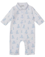 The Kissy Kissy Baby' Giraffe Grace Playsuit is a soft Pima cotton long-sleeve white playsuit with a collar and a charming giraffe print.