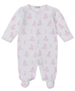 The Kissy Kissy Baby Girls' Giraffe Grace Printed Footie features a pink giraffe print, long sleeves, snap-front closure, and is crafted from soft Pima cotton.
