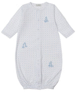 The Kissy Kissy Baby' Giraffe Grace Dotted Convertible Gown is a white Pima cotton gown with blue polka dots, giraffe prints, long sleeves, elastic hems, and front snaps for easy changes.