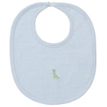 Kissy Kissy Safari Wild Hand Emb. Bib in light blue and white stripes, crafted from soft Pima cotton, features a small embroidered giraffe at the bottom center and a snap closure at the neck.