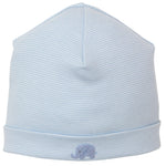 The Kissy Kissy Safari Wild Hand Emb. Striped Hat is a light blue baby hat crafted from soft Peruvian cotton, featuring subtle stripes and a small hand-embroidered elephant on the front brim.