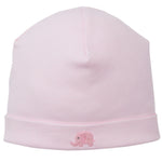 The Kissy Kissy Safari Wild Hand Emb. Striped Hat is a light pink baby hat made from soft Peruvian cotton, featuring hand embroidery of a small pink elephant on the folded brim, shown against a white background.
