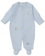 The Kissy Kissy Baby's Safari Wild Hand Emb. Striped Footie features light blue stripes, soft Pima cotton, and hand-embroidered lion, elephant, and giraffe designs—perfect for comfortable and stylish baby sleepwear.