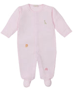 The Kissy Kissy Baby' Safari Wild Hand Emb. Striped Footie features light pink stripes, long sleeves, enclosed feet, and hand-embroidered giraffe, lion, and elephant designs on soft Pima cotton.