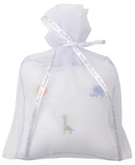 The Kissy Kissy Safari Wild Musical Pillow features embroidered animals and blue trim on soft white Pima cotton, packaged in a sheer tulle gift bag—a charming baby gift.