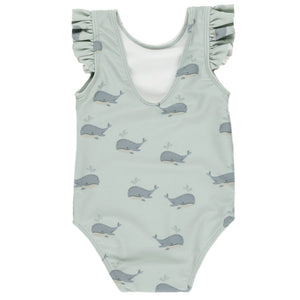 The Rylee & Cru Baby Girls' & Girls' Scoop Back Onepiece is a light green swimsuit with ruffled sleeves, a playful blue whale pattern, and UPF 50+ sun protection.