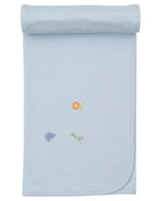 The Kissy Kissy Safari Wild Striped Blanket w/ Hand Emb is a light blue Pima cotton baby blanket, featuring hand-embroidered safari animals—lion, elephant, and giraffe—neatly rolled for display.