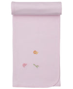 The Kissy Kissy Safari Wild Striped Blanket w/ Hand Emb is a light pink Pima cotton baby blanket featuring hand-embroidered safari animals like a lion, elephant, and giraffe, shown on a white background.